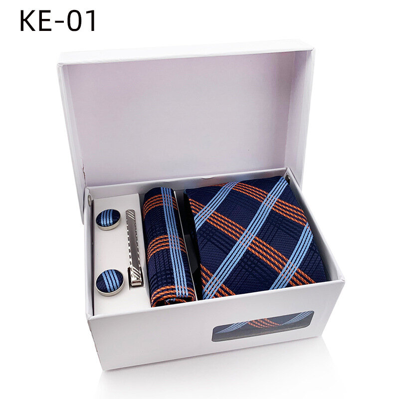 Caja de regalo de 6 piezas para hombres, corbata clásica de poliéster a cuadros, bolsillo, Clip cuadrado, gemelos, pañuelo, 2023