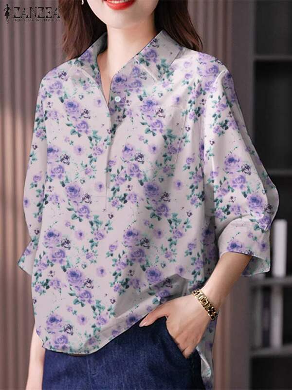 Fashion 3/4 Sleeve Floral Printed Shirt ZANZEA Summer Women Blouse Elegant Office Work Blusas Bohemain Holiday Tops Tunic Femme