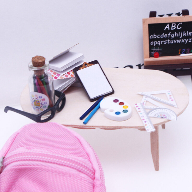 1Set 1:6 miniatur rumah boneka suplai alat tulis sekolah penggaris tas sekolah pensil pemegang papan tulis kacamata Model mainan Dekorasi