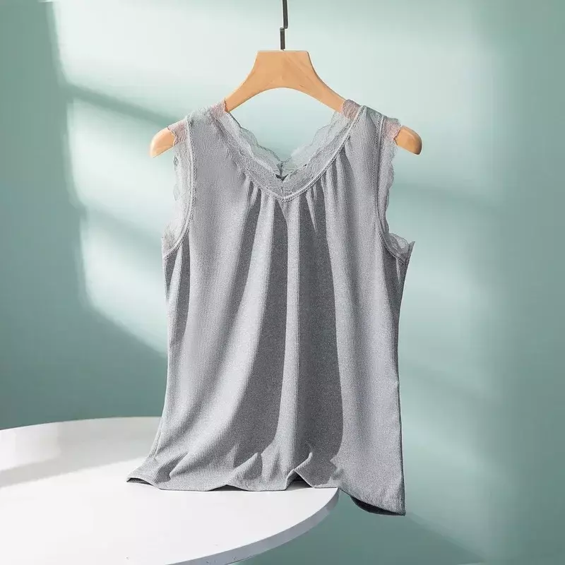 Summer 2023 new womens Slim Slim Sexy Double V-neck lace sling strapless tank top over the top gray22
