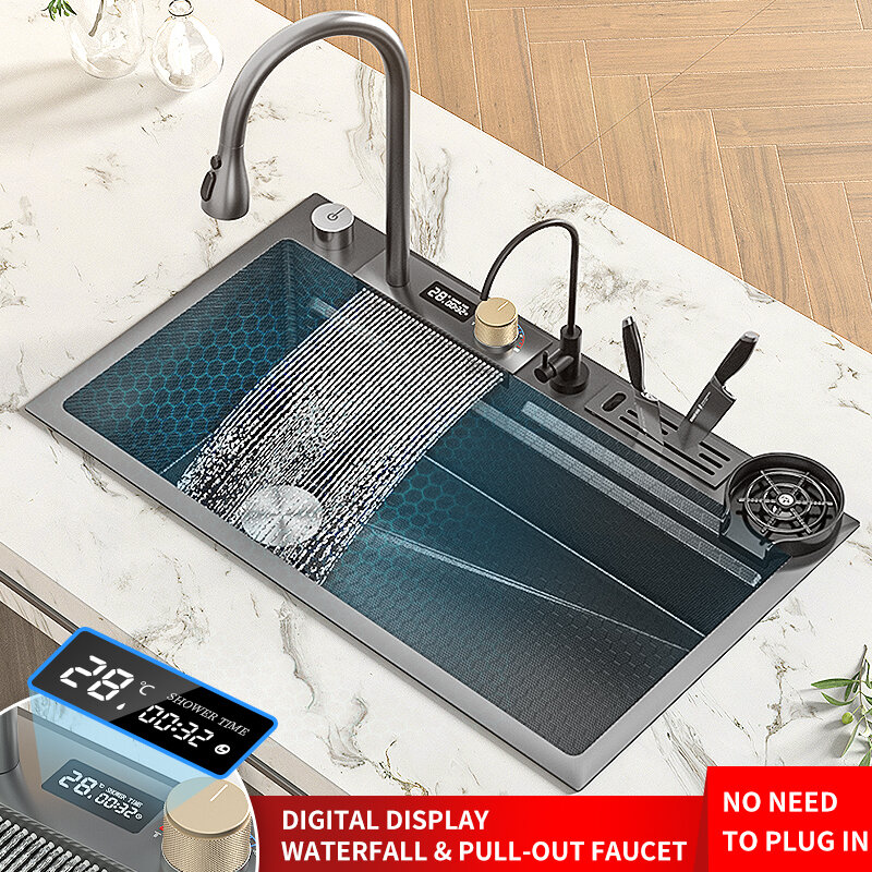 Lavello da cucina a cascata in acciaio inossidabile Nano con portacoltelli grande lavabo a fessura singola rubinetto estraibile multifunzionale