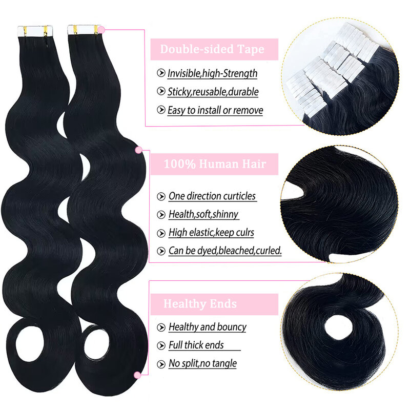 Body Wave Tape in Hair Extensions Natural Black Hair Extensions 50 Gram Body Wave  20 Pieces Real Human Hair for  for Woman