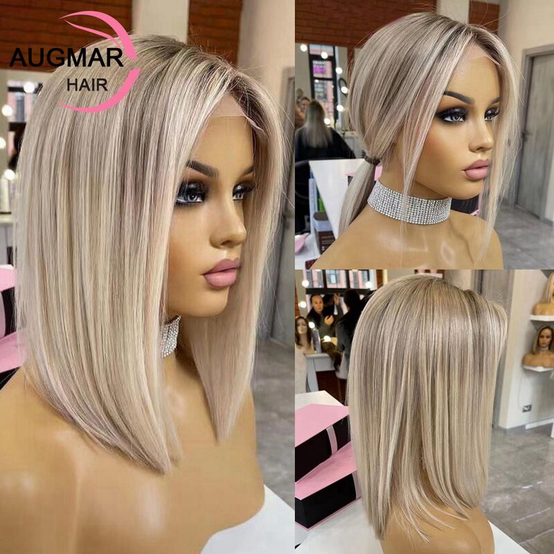 Perruque Bob Lace Front Wig Naturelle Lisse, Cheveux Courts Blonds 360, 13x4, 13x6 HD, à Reflets, pour Femme