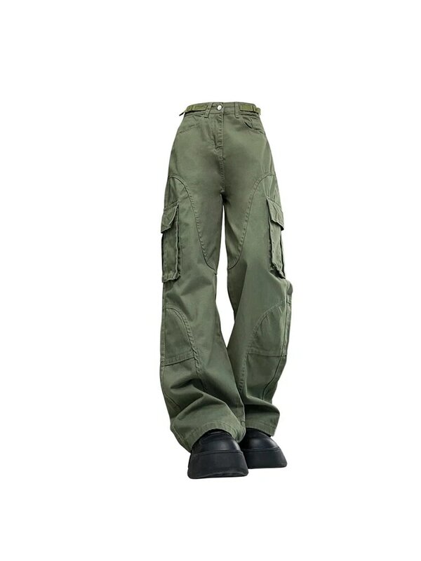 Damskie zielone spodnie Cargo luźne Harajuku Streetwear proste spodnie Y2k 2000s spodnie spadochronowe spodnie w stylu vintage ubrania moda