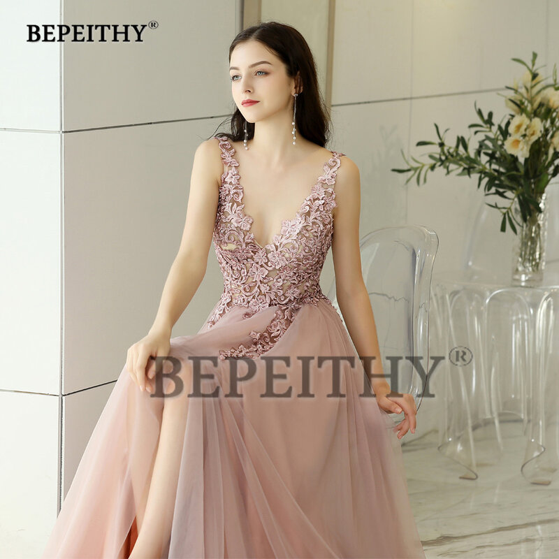 BEPEITHY V-ausschnitt Rosa Party Kleider Für Frauen 2023 Exquisite Spitze Appliques Slit Vestidos De Ocasión Formales EINE Linie Prom Kleid