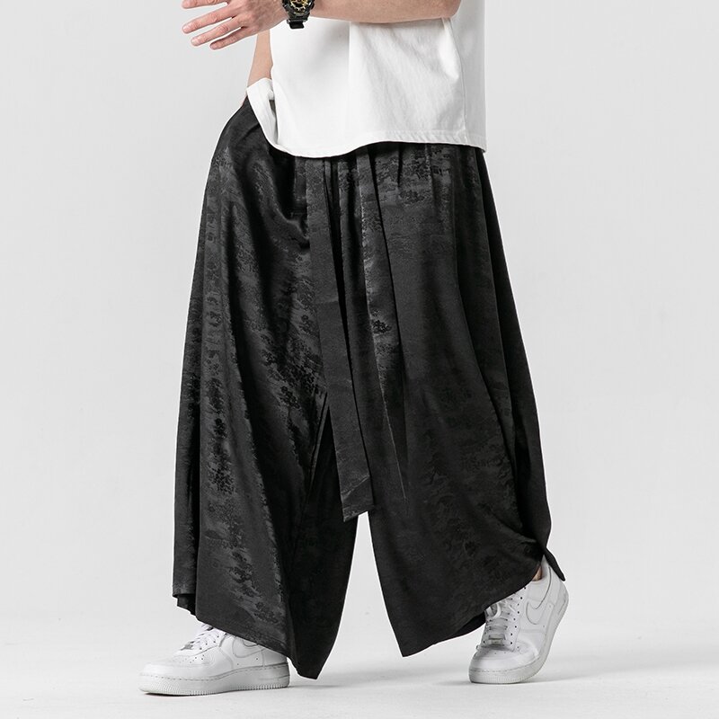 Kimono Wide Leg Pants Mens Ice Silk Joggers Printed Loose Trousers Man Chinese Style Kimono Pants Male Large Size Casual Pants