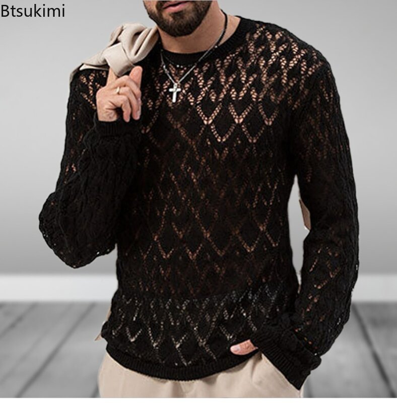 2024 Men's Sexy Hollow Out Knitted Pullover Retro Long Sleeve Thin Embroidery Knit T-shirt Black Transparent Hollow Tops for Men