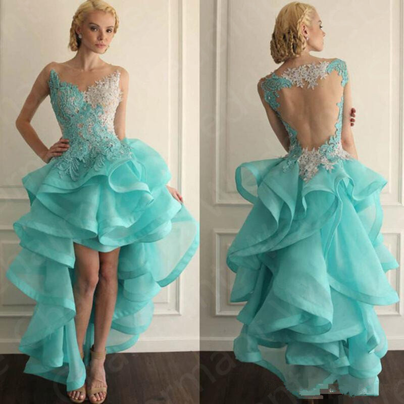 Unikalne najnowsze 2023 Sky Blue suknie na bal maturalny wysoki niski koronkowa suknia wieczorowa Illusion dekolt suknia na przyjęcie ślubne bez rękawów warstwowa spódnica