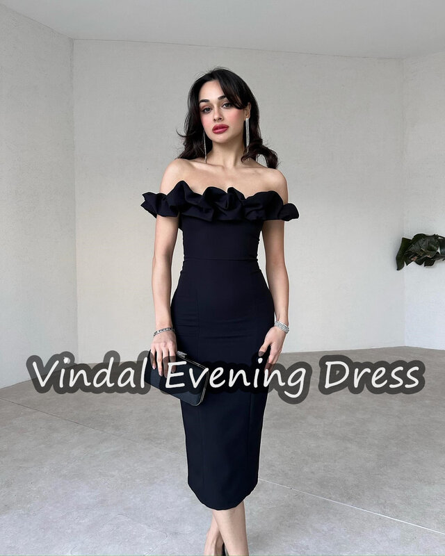 Vindal Evening Dresses Off-the-shoulder Neckline Crepe Mermaid Tea Length Elegant Saudi Arabia  Short Sleeves For Woman 2024