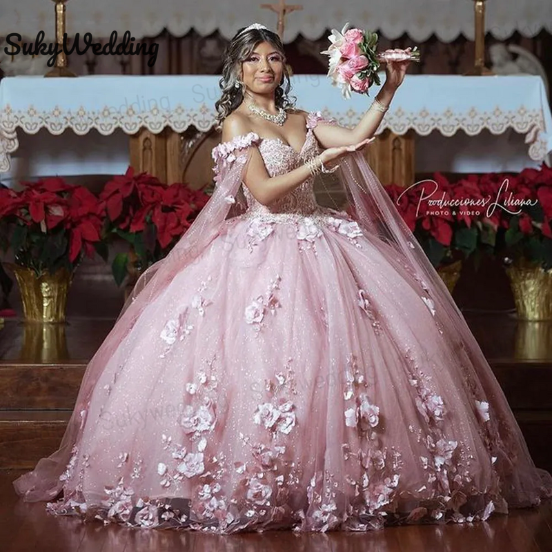 Abiti Quinceanera rosa abito da ballo con mantello fiori 3D abiti da festa perline glitterate corsetto Prom Sweet 16 abiti per ragazza nera