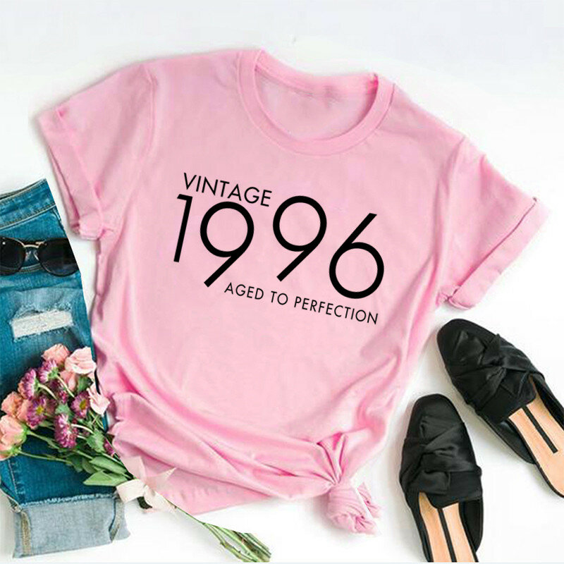 빈티지 1996 패션 파티 하라주쿠 여성 의류, 100% 코튼, 재미있는 문자 태어난 여성 티셔츠, 반팔 탑 티, 스트리트웨어