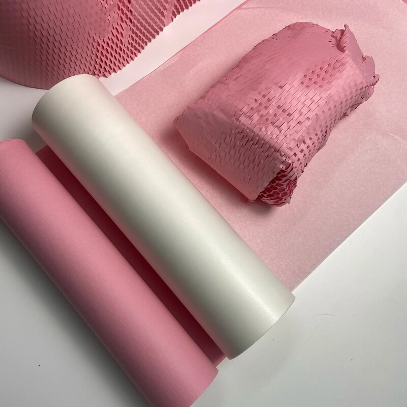Pink Packaging Paper  Honeycomb Cushioning Roll Perforated-Packing Recycled Cushion Wrapping Roll Eco Friendly Moving Green Wrap