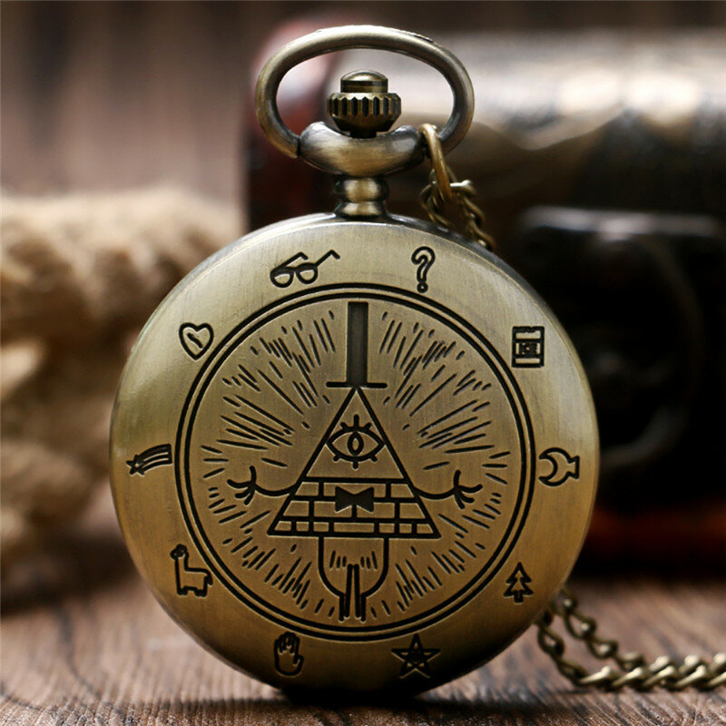 Bronze Antique Triangle Design Full Hunter Quartz Analog Pocket Watch for Men Women with Sweater Necklace Chain Timepiece Reloj