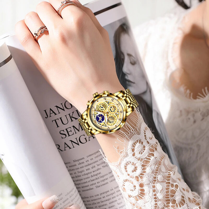 LIGE-Relógio impermeável de luxo para mulheres, pulseira de aço dourada, relógios de pulso, marca superior, relógio feminino, caixa incluída