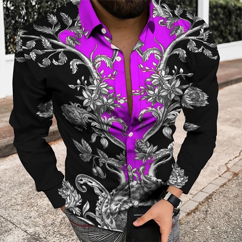 2024 Koszula męska Kwiatowy wzór Koszula z nadrukiem 3D Klapa Długi rękaw Kostium Prom Party Sukienka 11 kolorów Projektant Casual S-6XL﻿