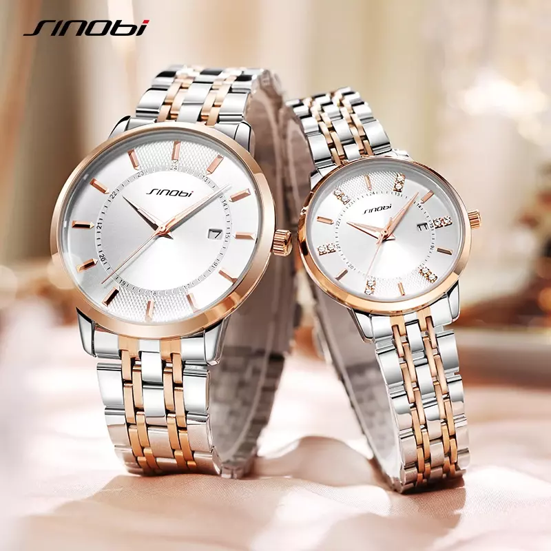 SINOBI Couple Watches classics Calendar Stainless Steel Waterproof Luminous Lover's Watch Quartz Wristwatch Men Women Set Gifts