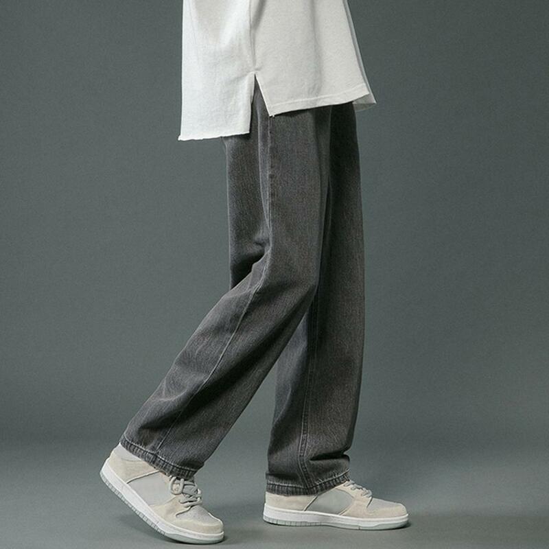 Jeans de pernas retas masculino com bolsos, calças de perna larga, jeans lavado, estilo hip-hop, primavera