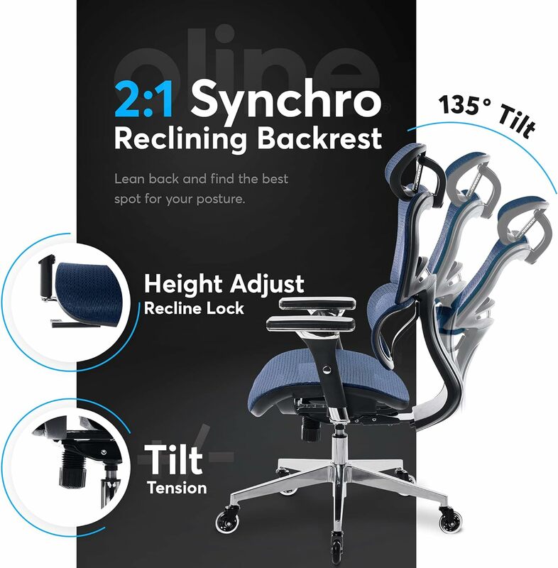 Офисное кресло Oline ErgoPro-раскатной стол и стул с регулируемыми 4D подлокотниками, поддержка талии 3D и лезвия колеса