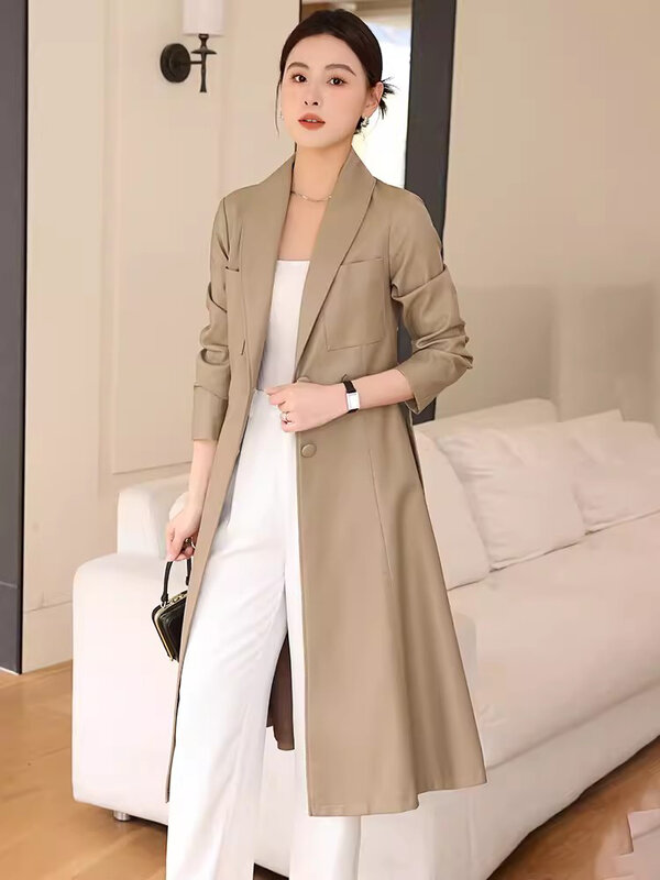 New Women Spring Autumn Leather Coat Fashion Turn-down Collar Single Breasted Slim Sheepskin Coat Split Leather Long Trench Coat