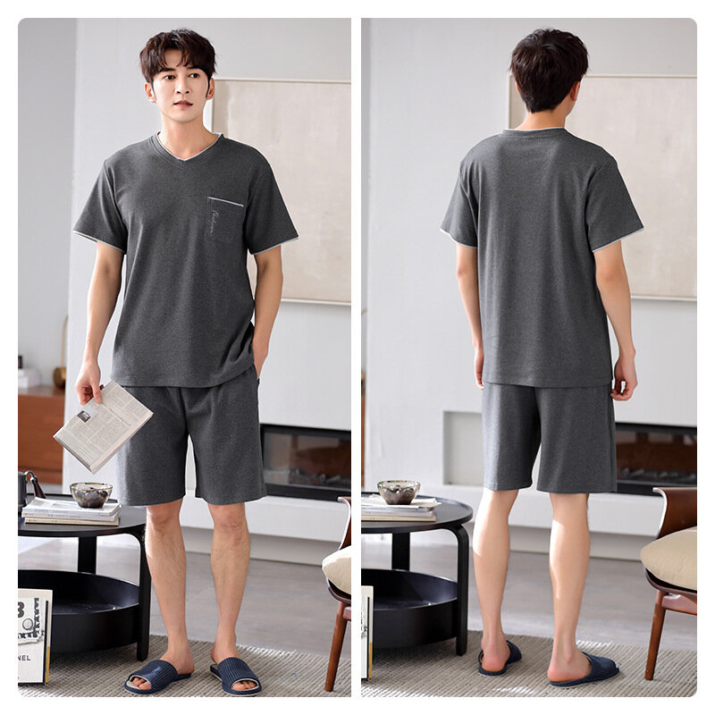 2022 novos pijamas masculinos de verão algodão curto mangas compridas shorts pulôver fino algodão roupas em casa cor sólida terno com decote em v bolso M-4XL
