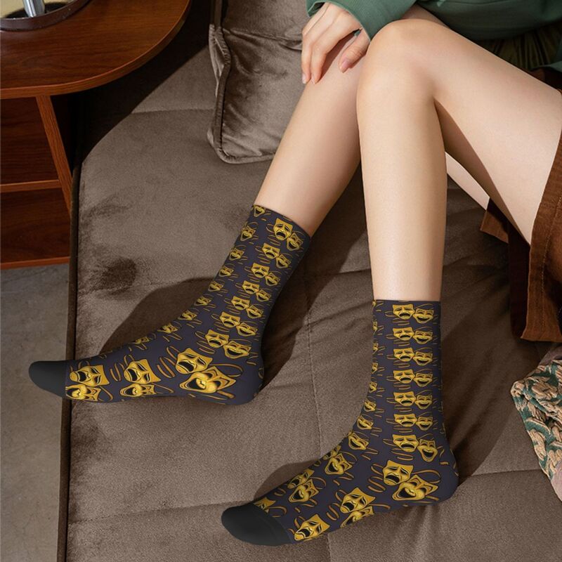 Золотые носки для комедии и трагедий, театральные маски, качественные чулки в стиле Харадзюку, всесезонные длинные носки для мужчин и женщин, подарок на день рождения