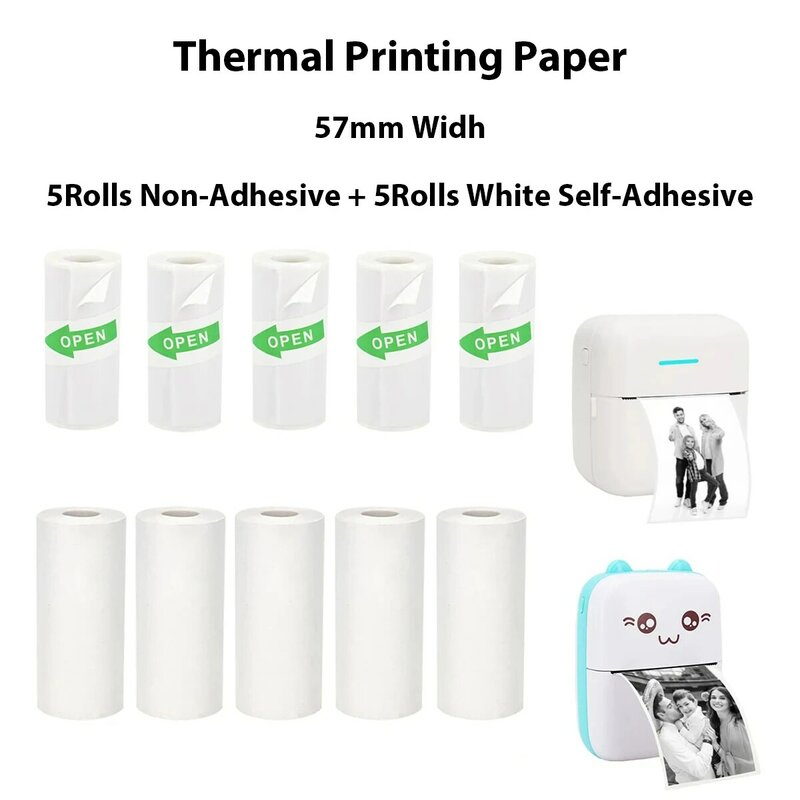 Papier thermique auto-adhésif, impression de 57mm de largeur, blanc, étiquette autocollante pour portable Mini Prquinze et appareils photo, 10 pièces
