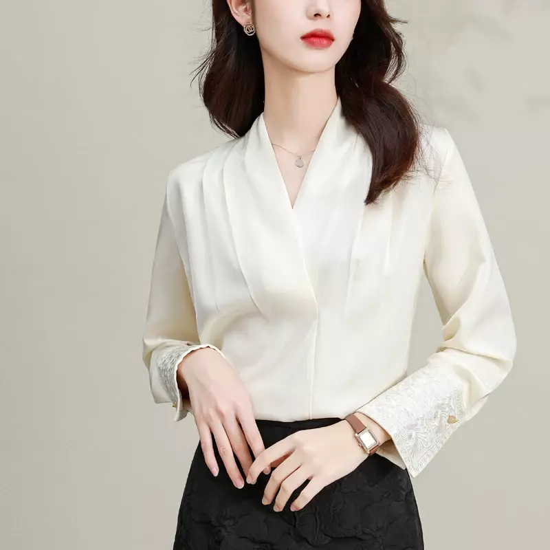 YCMYUNYAN-Women's Chinese Style Satin Shirt, Silk Vintage Blouses, Solid Clothing, Loose, Spring, Summer, V-Neck Women Tops