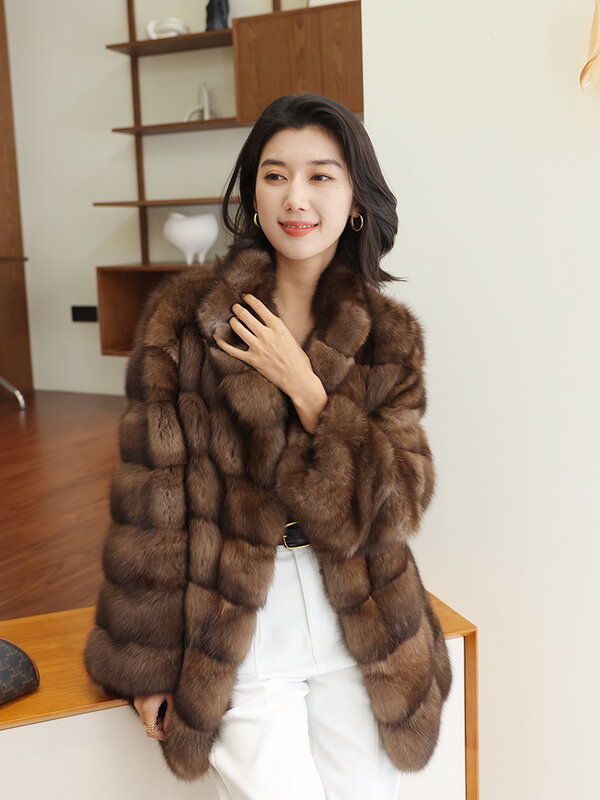 Fur Coat for Women Dark Coffee Color  Overcoats Stand Collar Mink Fur Retro Casual Fashion Loose Straight Thick Warm Winter 1Pc