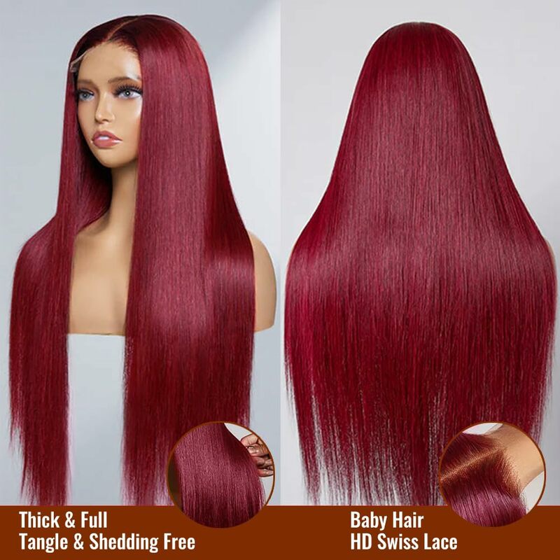32 Inch Burgundy Straight Human Hair Wig 13×4 HD Lace Front  99J Burgundy Brazilian Human Hair Wig with Baby Hair 180% Density