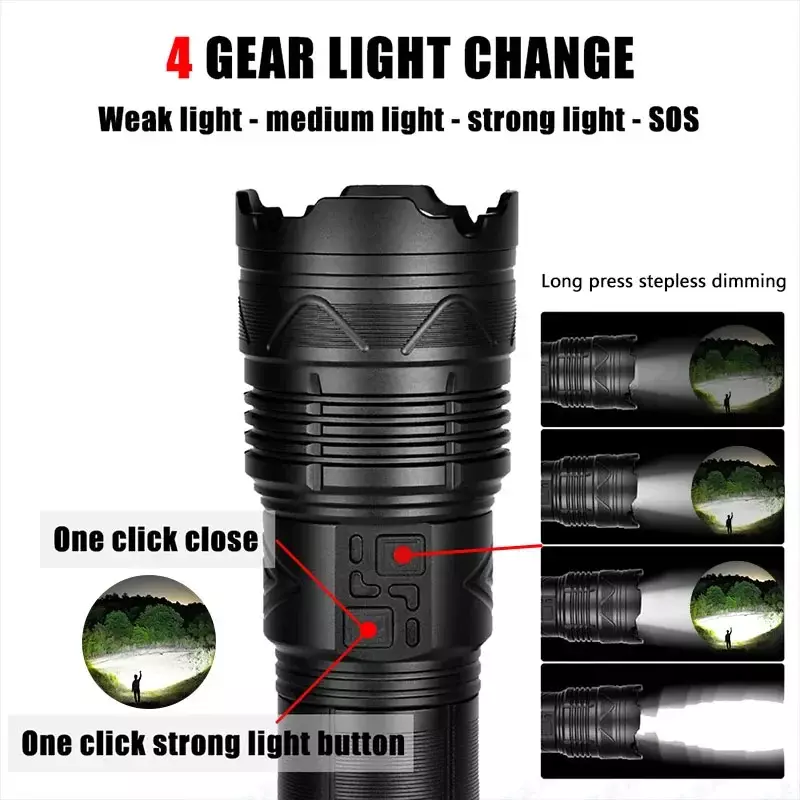 Super Bright Tactical Flashlight GT60 LED Beads Long Range Powerful Torch USB Rechargeable Using 4 181350A Batteries 20800mah