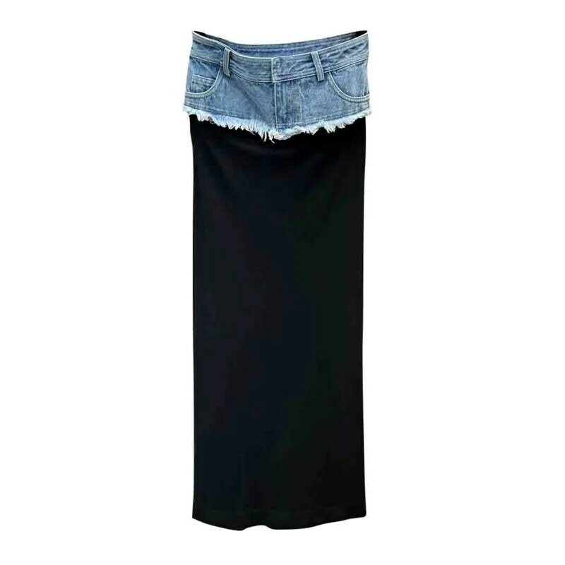 Новинка лета 2024, джинсовая юбка с высокой талией в стиле пэчворк, черная облегающая универсальная повседневная юбка из двух частей