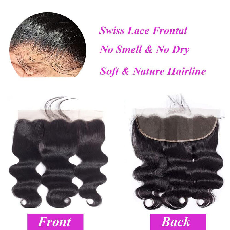 Pacotes de cabelo humano brasileiro da onda do corpo, 13x4 HD Lace Frontal, 100% não processado, Pacotes de cabelo Remy, 3 Pacotes com fechamento