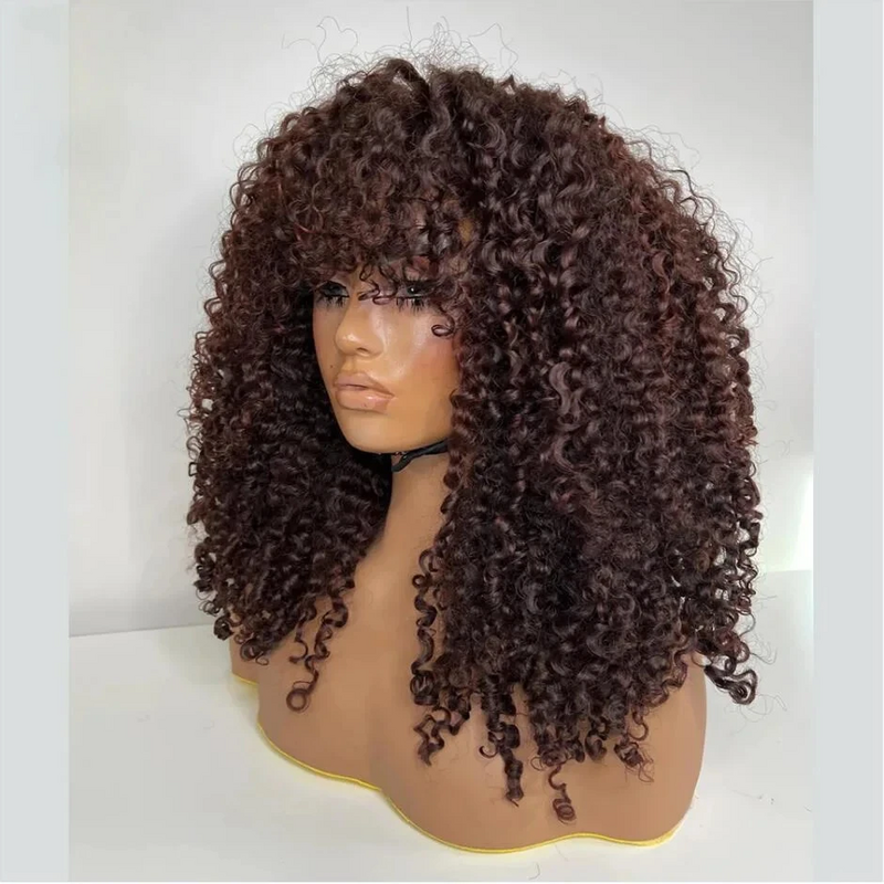 180Density 26 Long Machine Brown Kinky Curly With Bangs For Women Babyhair Preplucked Heat Resistant Glueless Daily Wig