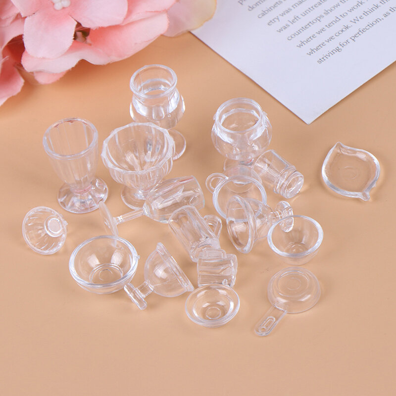 17Pcs/Set Mini Transparent Kitchenware Toy Drink Cups Dish Plate Tableware Miniatures DIY Pretend Play Toys Gift