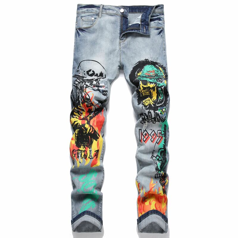 Pantalones vaqueros con estampado de esqueleto de llama para hombre, ropa de calle de Hip Hop, Harajuku, Vintage, Patchwork, Cargo, Y2K, Otoño, nuevo