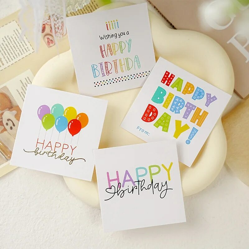 Cartes d'invitation carrées en papier pour enfants, ballon coloré, cartes de joyeux anniversaire, message pour femmes et hommes, fête d'adultes, 50 pièces