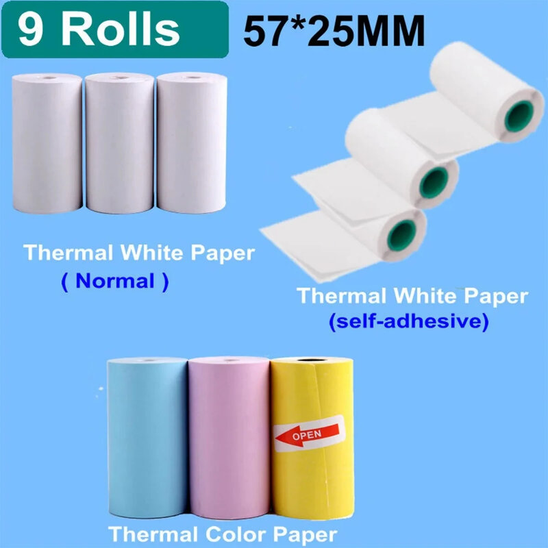 Бумага для мгновенной печати принтера, 57*25 мм, 9 рулонов, термобумага, этикетка, наклейка, рулоны клейкой бумаги для замены мини-принтера