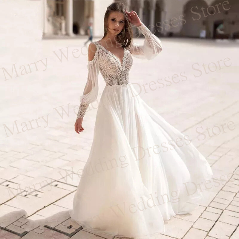 Pełne wdzięku szyfonowe suknie ślubne z dekoltem w szpic aplikacje koronkowe długi rękaw bufka suknie panny młodej seksowne bez pleców Vestidos Novias Boda