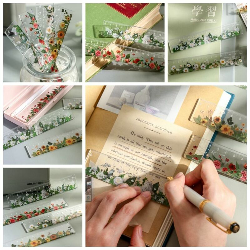 Double-duty 15cm Straight Ruler Creative Multifunction Acrylic Flower Bookmark Rose Daisy Math Drawing Ruler School
