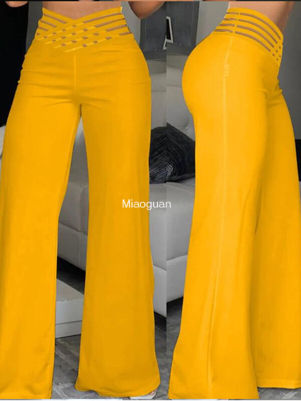 2024 nuove donne pantaloni svasati a gamba larga primavera Casual incrociato Sheer Mesh Patch pantaloni a vita alta Streetwear elegante pantalone da lavoro