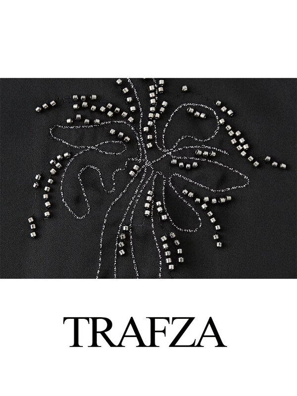 TRAFZA 용수철 여성용 캐주얼 비즈 자수 싱글 브레스트 긴팔 상의, 빈티지 턴다운 칼라 셔츠, 패션 신제품