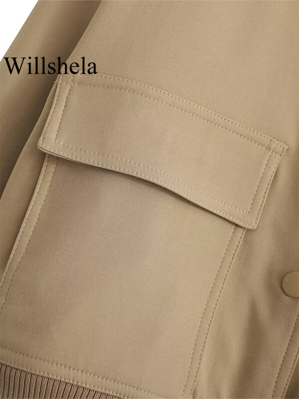 Willshela damskie modne kurtki jednolita kurtka Bomber z płaszcz z kieszeniami dekoltem w szpic długi jednorzędowy rękawy damskie eleganckie damskie stroje damskie