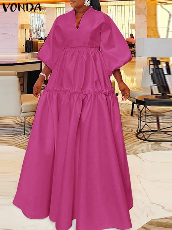 Plus Size 5XL VONDA Women Maxi Dress 2023 Summer Elegant Solid Lantern Sleeve Long Shirt Sundress Casual Loose Ruffled Vestidos