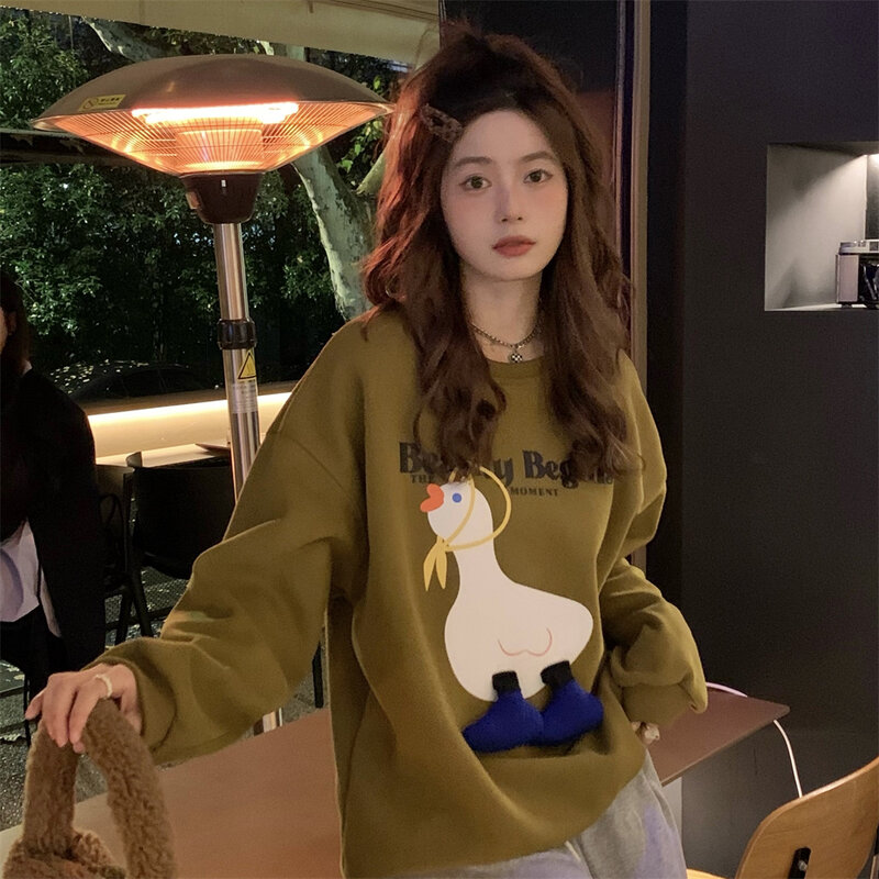 Harajuku Cute Goose Print felpa per donna primavera autunno Fleece manica lunga felpa allentata Lady Streetwear Sweat Shirt