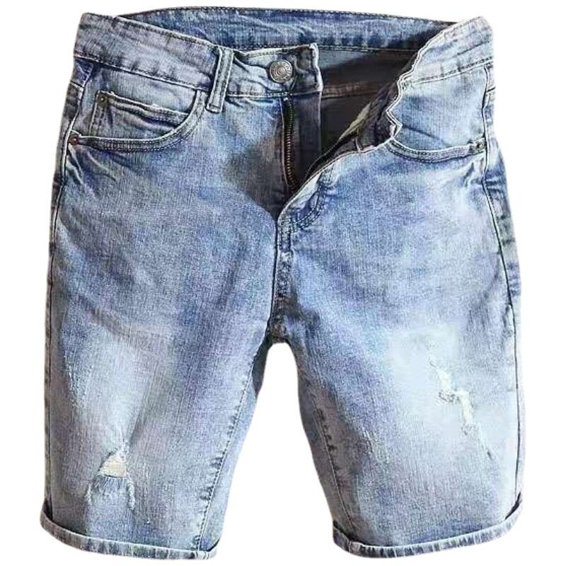 شورت جينز رجالي صيفي ضيق مناسب للغسيل بفتحات من قماش الدنيم سروال جينز 5 نقاط مستقيمة على الموضة الكورية