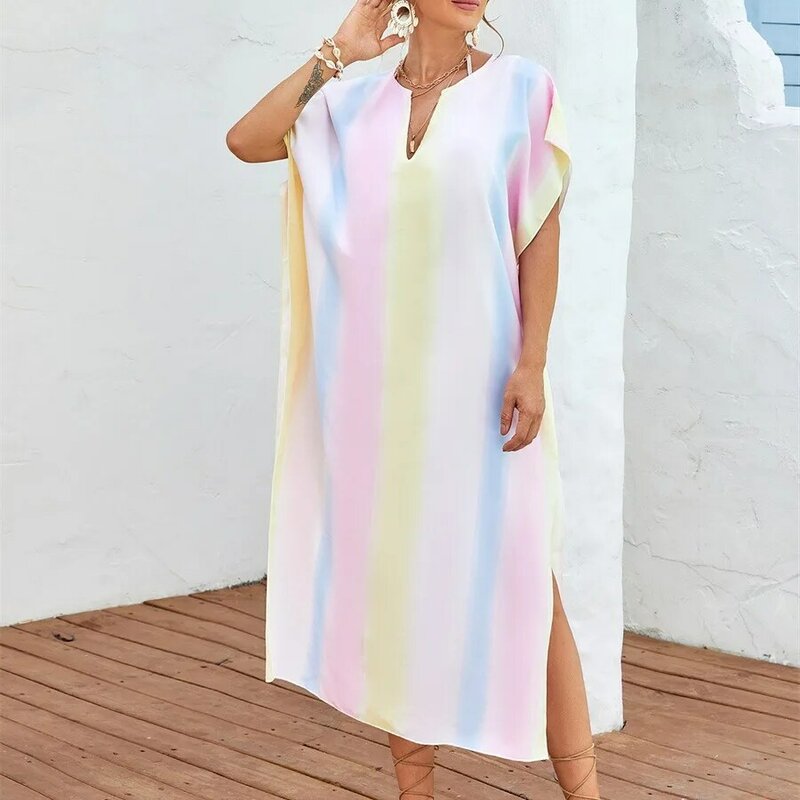 Women's Beach Vacation Long Dress Short Sleeve Casual Chic Robe Summer Casual Style Beach Cover Up Pullover Robe