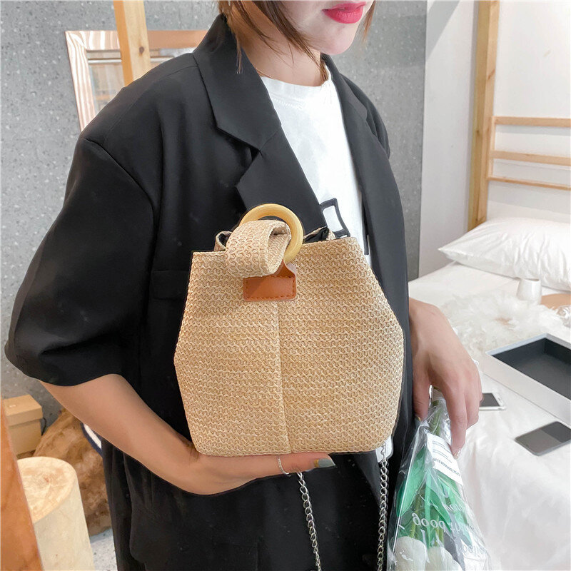 Designer Women Bags Woven Handbag 2024 Summer Woven Bucket Crossbody Chain Shoulder Bags Bohemian Female Handmade Rattan Tote