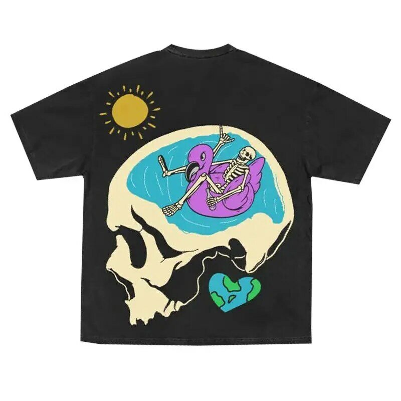 Kreskówka koszulka uliczna czaszka luźna para z półrękawami w amerykańskim przypływie krótka pomelo z okrągłym dekoltem hip-hop kreatywna głowa