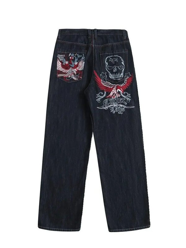 American Skull Embroidered Loose Casual Jeans Embroidered Baggy Jeans Denim Men Women Goth High Waist Wide Trousers Y2k Pants