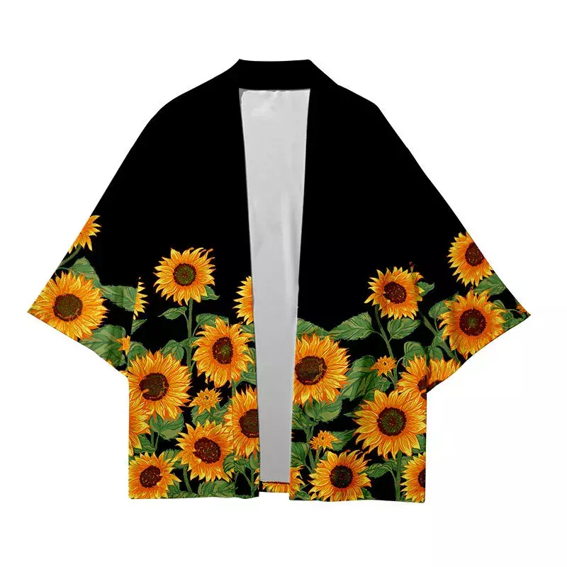 Tradisional Haori wanita pria Harajuku Jepang Yukata jubah Fashion Kimono Streetwear bunga matahari cetak Cosplay Cardigan kemeja